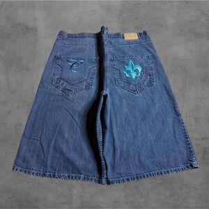 Corked Jeans Baggy Wide Leg Denim Shorts Men's Blue Embroidered Size 48